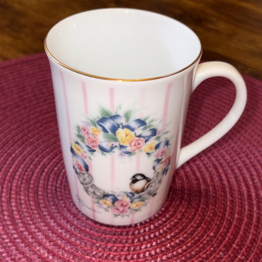 Vintage Otagiri Chickadee in Floral Wreath Mug 8oz. Never Used